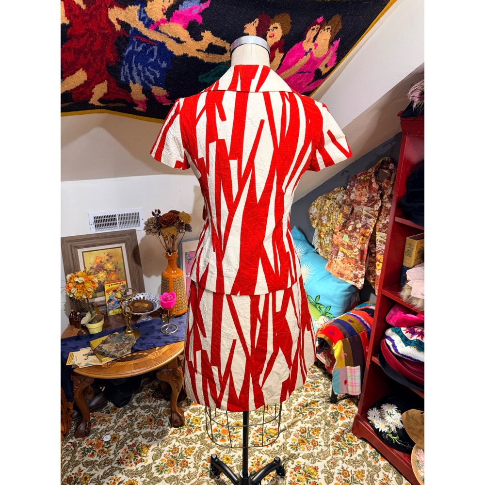 Vintage Red White Geometric Abstract Mod Skirt Suit Set Talon Zipper 60s - Picture 10 of 15